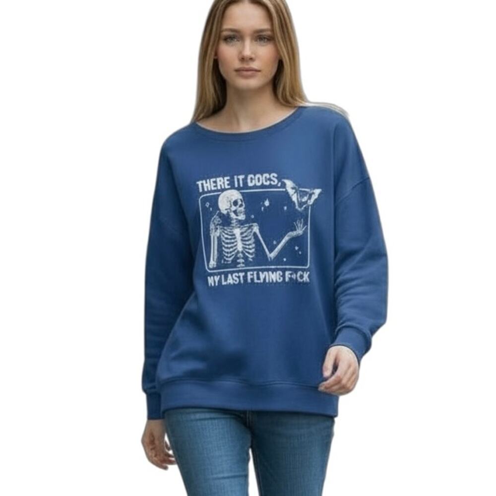 Amazon Women's Last Flying F*ck Crewneck Sweatshirt XL Blue Halloween Skeleton